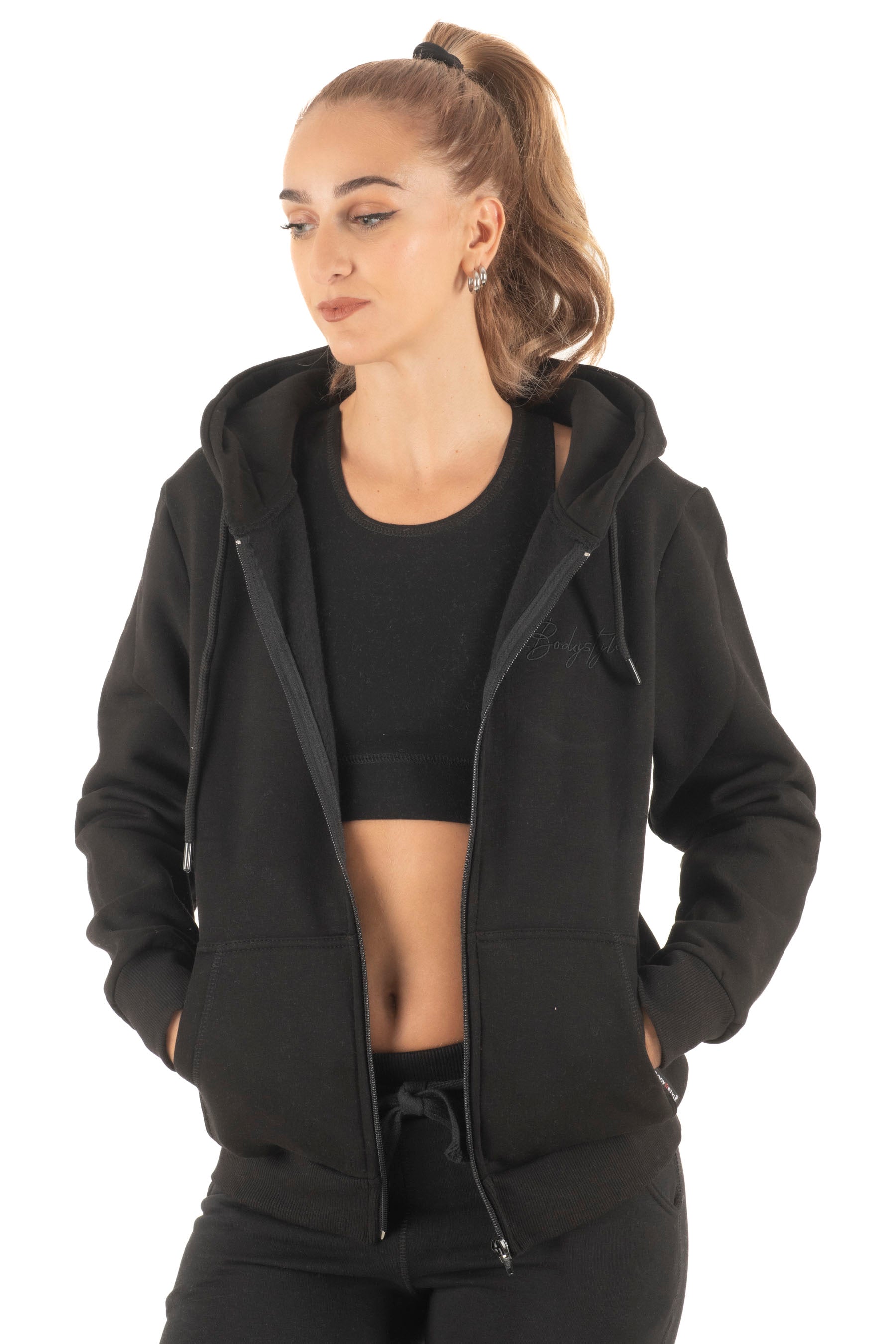 Γυναικεία ζακέτα με κουκούλα φούτερ (Μαύρο)