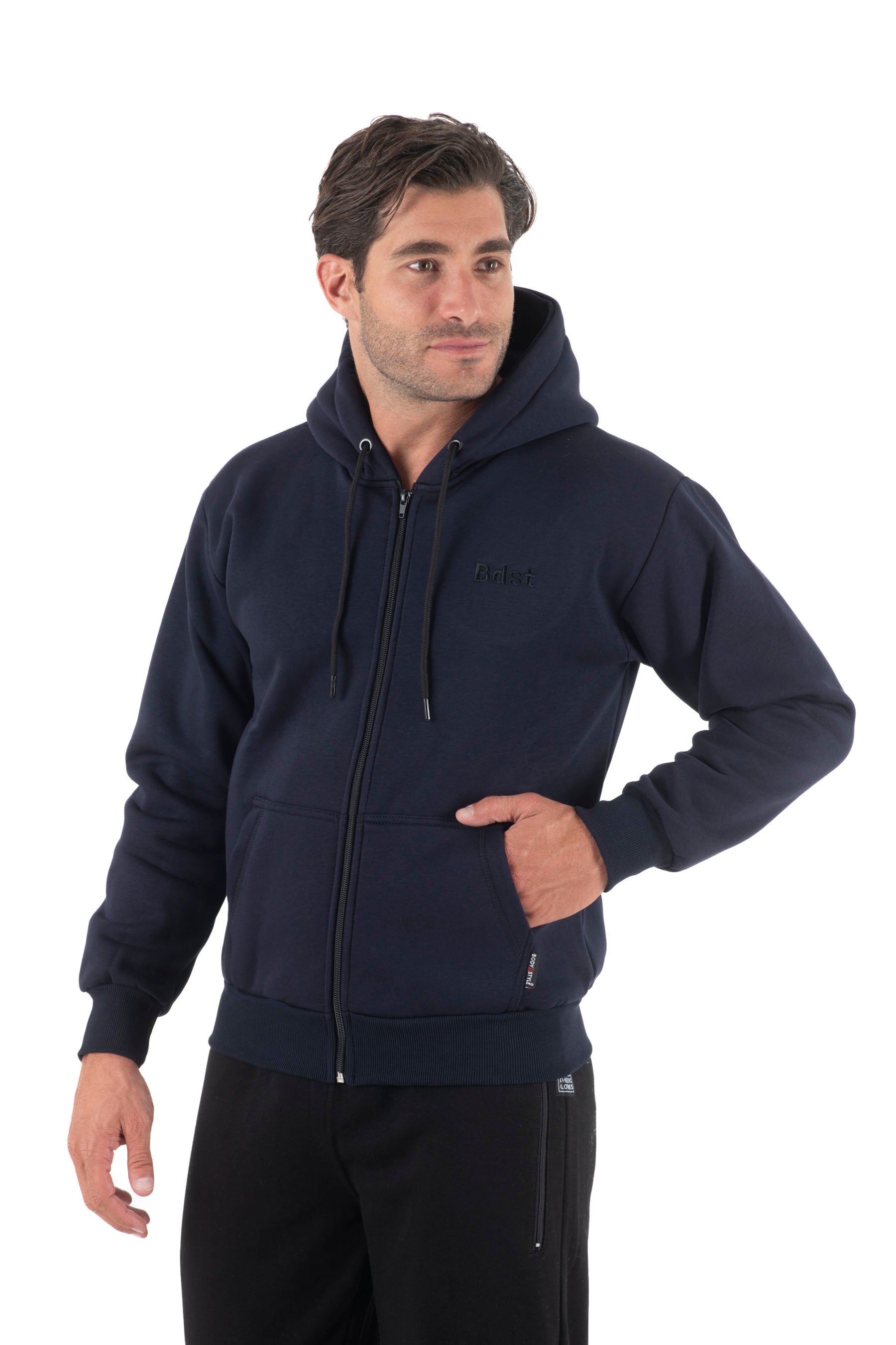 Ανδρική ζακέτα φούτερ με κουκούλα τρίκλωνη (Σκούρο μπλε)